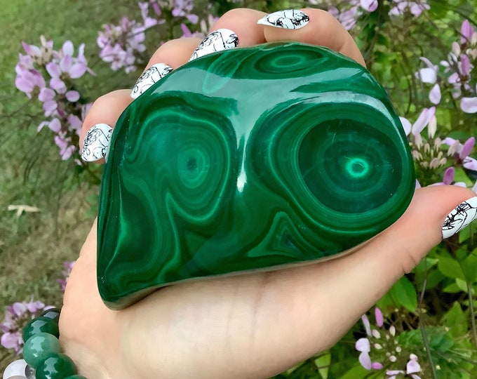 Malachite Freeform Crystal ~ Large 1 Lb. ~ Swirling Bullseye Patterns ~ 3 1/2" Long ~ Beautiful Polished Green Mineral Specimen ~ Congo