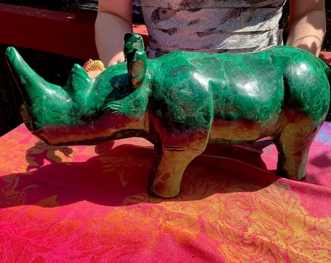 Vintage Hand Carved Malachite Rhinoceros: Large Congo Display