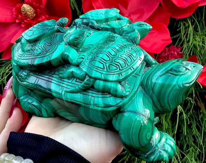 Vintage Hand Carved Malachite Turtle with Babies: African Congo Totem