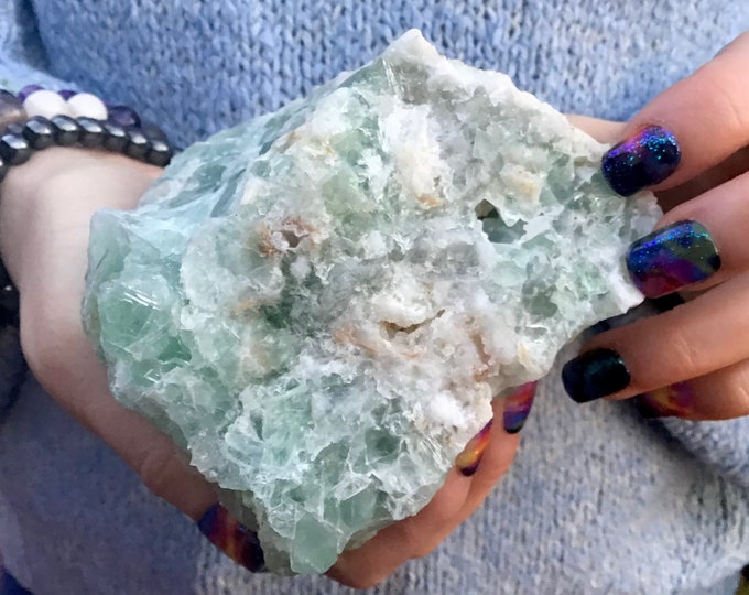 Green Fluorite Crystal Cluster ~ Large 2 Lb. 5 oz. ~ 4" Tall ~ White Mineral Matrix ~ Cubic Formations
