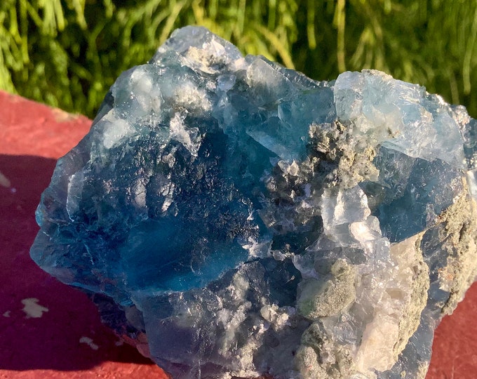 Blue Fluorite Crystal Cluster ~ Large 12 oz. ~ 3" Long ~ Sparkling Mineral Matrix ~ Third Eye Chakra Reiki Healing Display, Metaphysical ~
