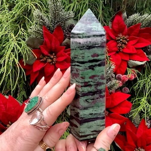 Ruby Zoisite Crystal Generator ~ 1 Lb. 12 oz. ~ 6 1/2&quot; Tall Tower ~ Natural Red, Green & Black Colors ~ Fast Free Shipping