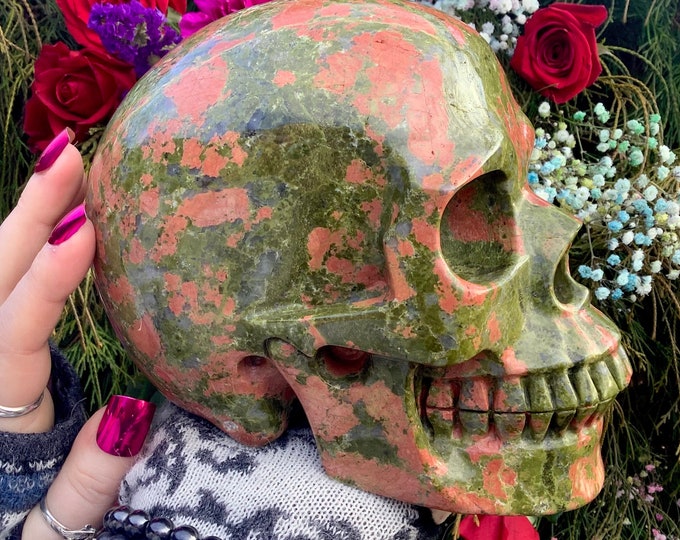 Unakite Crystal Skull ~ 8 Lb. 2 oz. ~ 6" Long ~ Colorful Green Epidote, Pink Orthoclase & Quartz Inclusions ~ Metaphysical Home Decor, Altar