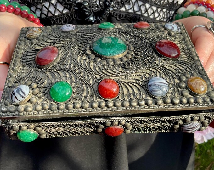 Agate Inlaid Jewelry Box ~ 6" Long ~ Colorful Semi Precious Stones ~ Vintage Handmade from Morocco ~ Covered w Silvered Metal Filigree
