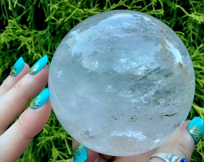Clear Quartz Crystal Ball ~ 1 Lb. 13 oz. ~ 3" Wide Polished Sphere ~ Sparkling Rainbow Inclusions ~Beautiful Reiki, Altar Feng Shui Display