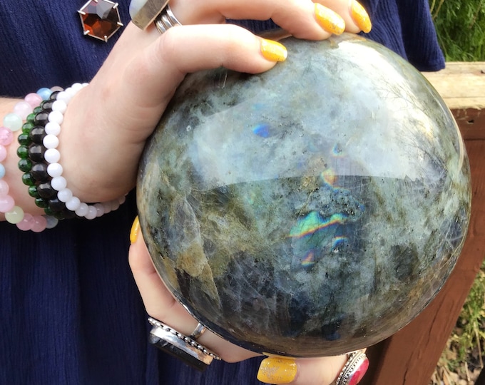 Labradorite Crystal Ball ~ Large 8 Lb.  ~ 5" Wide ~ Flashing Blue & Gold Iridescent Colors ~ Fast and Free Shipping, USA + Global Shipping ~