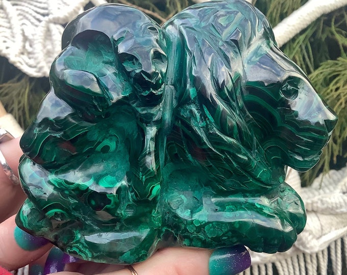 Malachite Crystal Carving ~ Two Lions with Baby ~ 3 lb. 15 oz. ~ 5" Long ~ Vintage Hand Carved with Great Detail Form Congo ~ Animal Carving