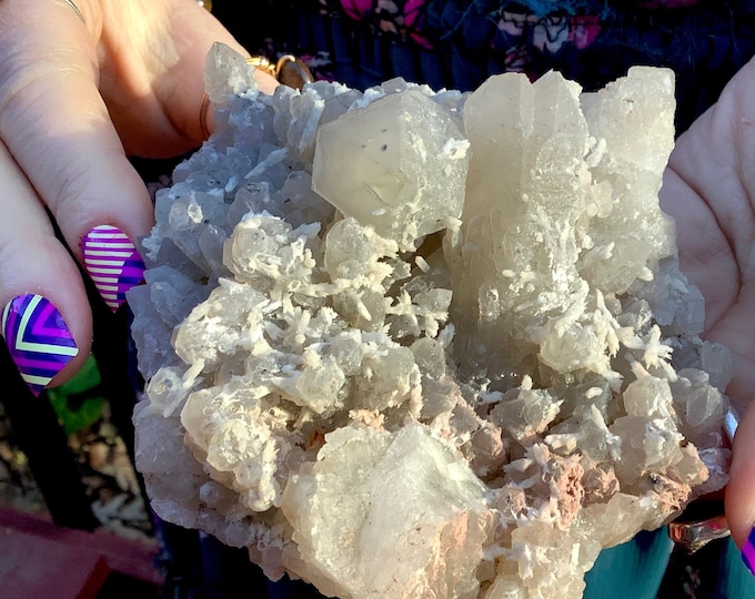 Frosted Quartz Crystal Cluster ~ 15 oz. ~ 4" Long ~ Stunning Long Points ~ Ancient White Barite Matrix ~ Natural Home Decor ~ Fast Shipping