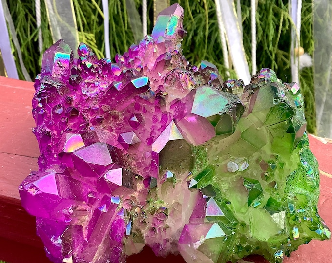 Purple & Green Aura Quartz Crystal Cluster ~ Large 1 lb. 15 oz. ~ 5" Long ~ Big Rainbow Iridescent Electric Points ~ Fast Shipping from USA