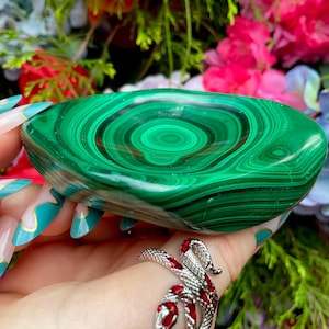 Malachite Crystal Bowl ~ 8 oz. ~ 3 1/2&quot; Long ~ Vintage Green Mineral Specimen ~ Swirling Bulls Eye Patterns ~ Congo, Africa ~ Fast Shipping