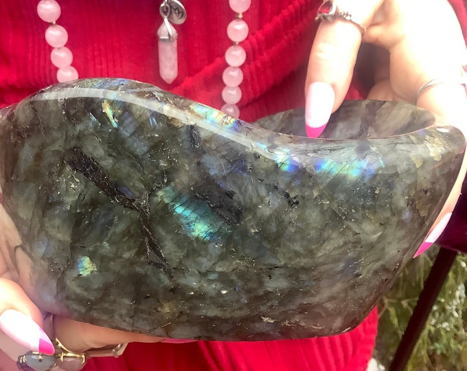Labradorite Crystal Bowl ~ 5 Lb. 12 oz. ~ 8" Long ~ One-of-a-Kind Hand Carved ~ Blue & Gold Flashing Colors ~ Fast and Free Shipping, U.S.A.