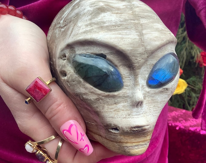 Petrified Wood Crystal Alien Skull ~ Large 2 Lb. 11 oz ~ 4" Long ~ w Labradorite Eyes ~ One-of-a-Kind Color ~ Expertly Hand Carved Sculpture