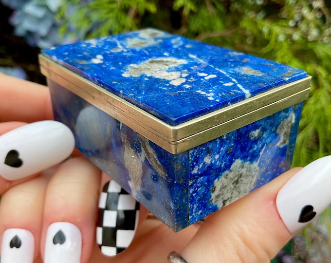 Lapis Lazuli Jewelry Box with Lid ~ 2 1/2" Long ~ Handmade from Afghanistan ~ Vintage Antique Display Box ~ Swirling Blue Color with Pyrite