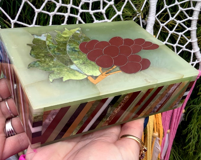 Afghan Jade Jewelry Box with Lid ~ 6" Long with Inlaid Semi Precious Stones ~ Handmade from Afghanistan ~ Vintage Polished Display Specimen