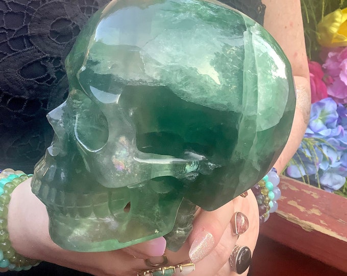 Large Green Fluorite Crystal Skull: Hand Carved Translucent Sculpture