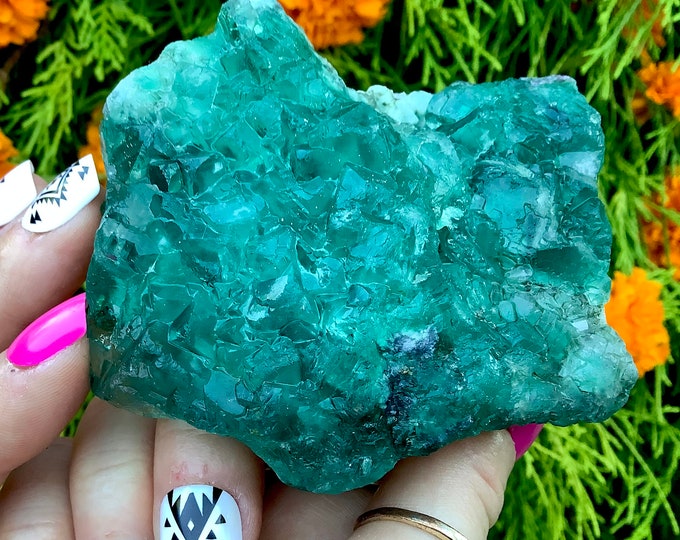 Blue Fluorite Crystal Cluster ~ Large 11 oz. ~ 3" Long ~ Sparkling Mineral Matrix ~ Ancient Clear Ice Blue Translucent Cubic Formation
