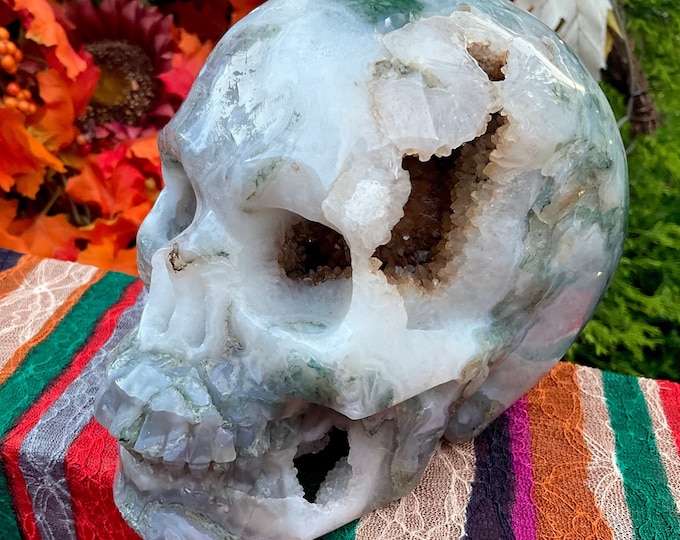 Moss Agate Crystal Skull ~ 4 Lb. 10 oz. ~ 6" Long ~ Swirling Green & White Colors ~ Expertly Hand-Carved Display Sculpture ~ Fast Shipping
