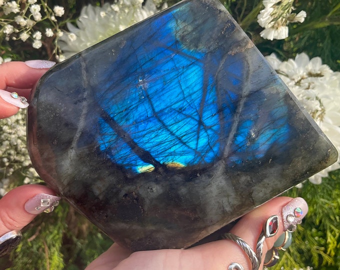 Labradorite Free Form Crystal ~ Large 3 Lb. 6 oz. ~ 5" Tall ~ Flashiest Electric Blue Gold ~ Super High Flash Quality ~ Free Standing
