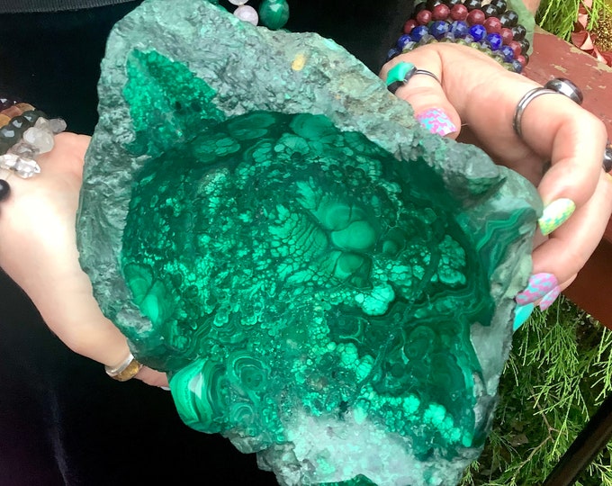 Malachite Crystal Bowl ~ Large 7 Lb. ~ 8" Long ~ Beautiful Hand Carved Mineral Specimen ~ Swirling Bullseye Patterns ~ Fast & Free Shipping