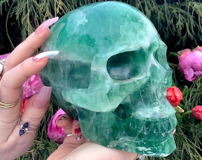 Green Fluorite Crystal Skull ~ Large 7 Lb. 11 oz. ~ 6" Long ~ Hand Carved ~ Sparkling Translucent Crystal Sculpture ~ Free Shipping from USA