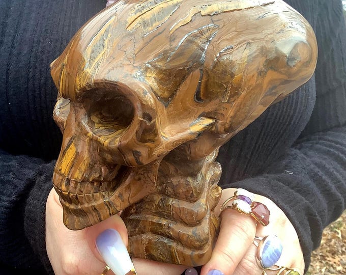 Hand Carved Alien Skull: African Tiger's Eye Crystal Sculpture, 4 Lb