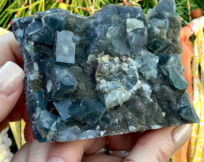 Blue Fluorite Crystal Cluster ~ Large 9 oz. ~ 3 1/2" Long ~ Deep Ocean Blue Color ~ Sparkling Cubic Formations ~ Fast & Free Shipping ~