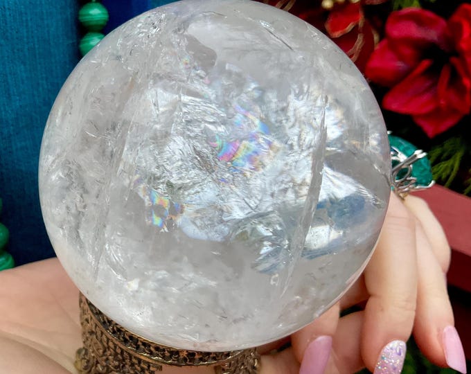 Clear Quartz Crystal Ball ~ 1 Lb. 13 oz.  Sphere ~ 3" Wide ~ Sparkling Rainbow Inclusions + Brass Display Stand Included ~ Fast Shipping
