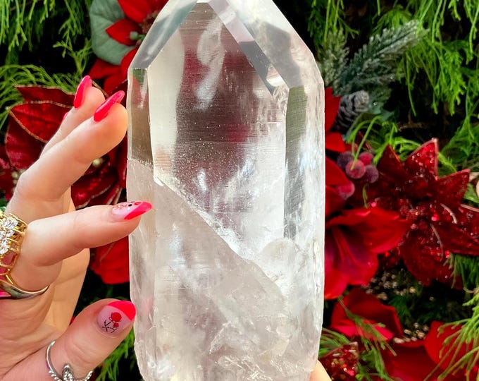 Brazilian Clear Quartz Crystal Point: 2 Lb 10 oz, Rainbow Inclusions, Reiki Altar Decor