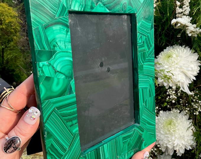 Malachite Vintage Picture Frame ~ 8" x 10" ~ Hand Made & Carved from Congo Africa ~ 5" x 7" Display Window ~ Swirling Green Bullseye Color