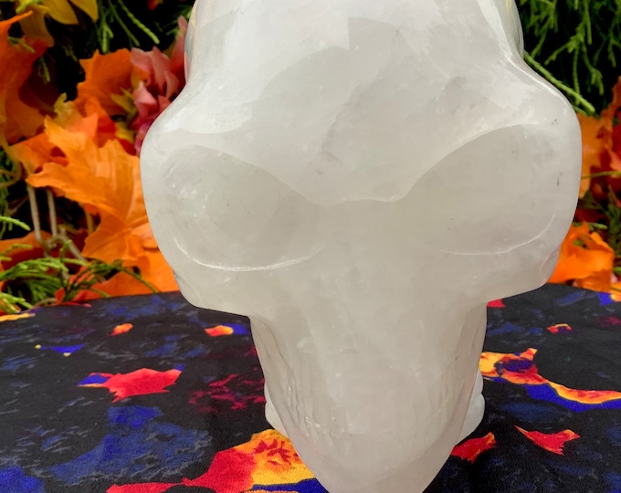 Snow Quartz Crystal Alien Skull ~ Large 4 Lb. 8 oz. ~ 7" Long ~ High Quality Hand Carved ~ Translucent Sparkling Rainbow Inclusions