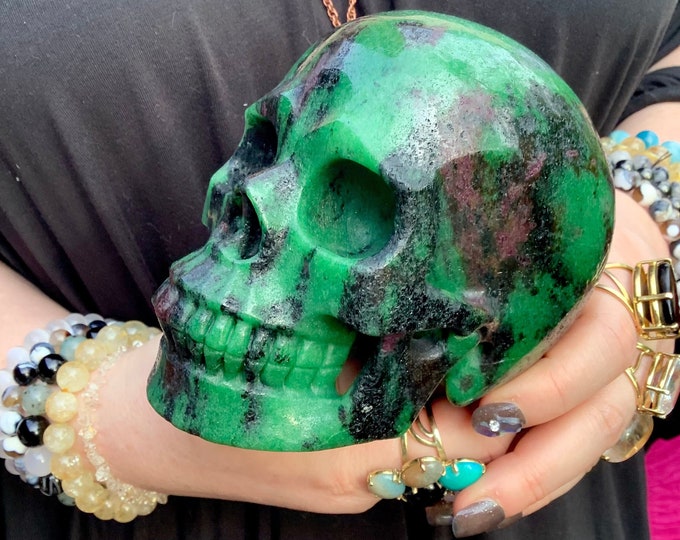 Ruby Zoisite Black Tourmaline Crystal Skull: Hand-Carved Display Sculpture