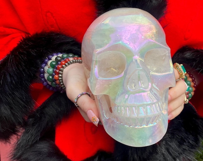 Angel Aura Quartz Crystal Skull ~ Large 7 Lb. 2 oz. ~ Expertly Hand Carved ~ 6" Long Translucent Pink with Rainbow Colors ~ Free Standing