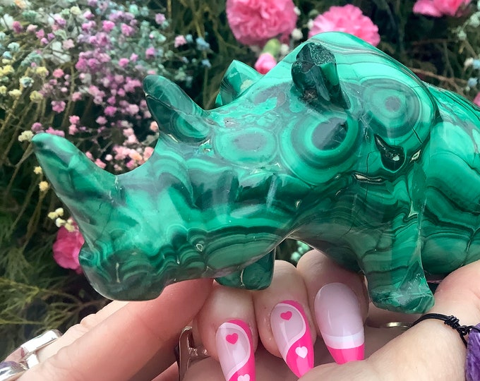 Malachite Rhinoceros ~ Large 1 Lb. 10 oz. ~ 5 1/2" Long ~ Vintage Hand Carved & Polished in Congo ~ Animal Totem, Altar, Reiki, Home Decor
