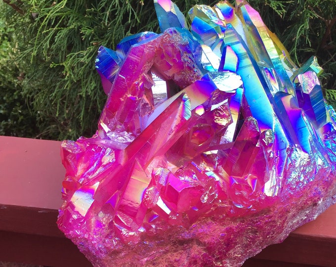 Rainbow Aura Quartz Crystal Cluster ~ Large 16 Lb. ~ 10" Long ~ Massive ~ Red, Blue, Green Colors~ Magnificent Centerpiece Display ~