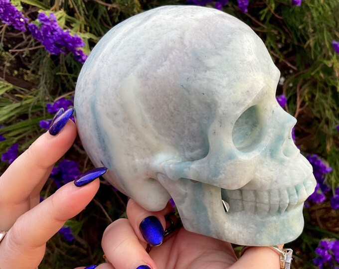 Amazonite Crystal Skull ~ 3 Lb. 2 oz. ~ 5" Long ~ One-of-a-Kind Green, White & Blue Colors ~ Expertly Hand Carved Sculpture