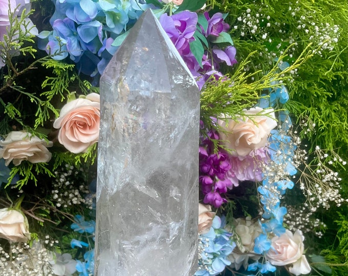 Clear Quartz Crystal Generator ~ Large 6 lb. Tower ~ 12" Tall ~ Sparkling Rainbow Inclusions ~ White Ghost Floating Clouds ~ Fast Shipping