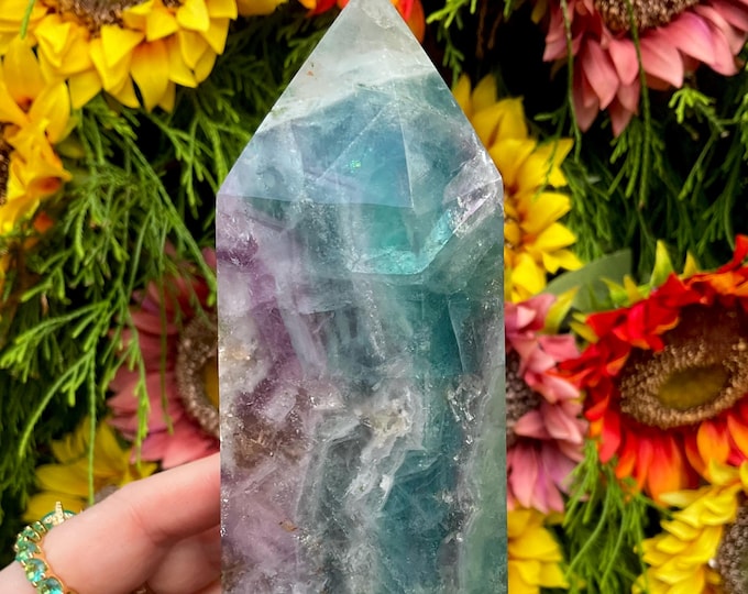 Rainbow Fluorite Generator ~ Large 1 lb. 15 oz. ~ 6" Tall ~ Sparkling Blue, Purple, Green, Swirling Colors ~ Free Standing Display Crystal