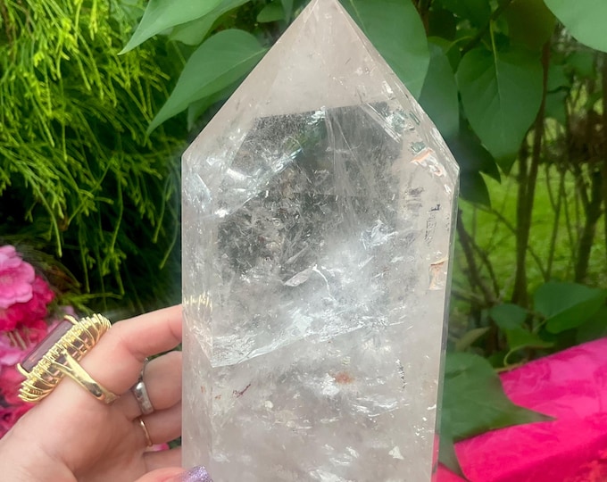 Clear Quartz Crystal Generator ~ Large 4 lb. 11 oz. ~ 8" Tall ~ White Ghost Floating Clouds Big Sparkling Rainbow Inclusions ~ Fast Shipping