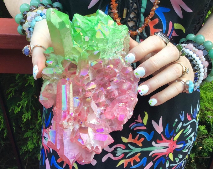 Pink & Green Aura Quartz Crystal Cluster ~ Large 3 Lb. ~ 8" Long ~ Electric Points ~ Rainbow Iridescent ~ Big Sparkly Points ~ Fast Shipping