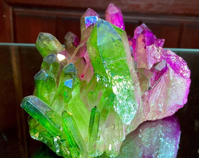 Purple & Green Aura Quartz Crystal Cluster ~ Large 1 lb. 8 oz. ~ 4 1/2" Long ~ Rainbow Iridescent Electric Points ~ Fast Free Shipping, USA