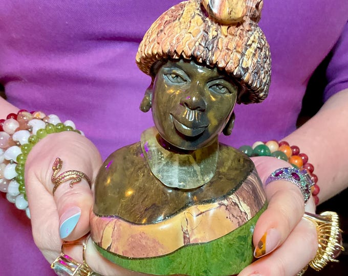 Vintage Serpentine Hand Carved Zimbabwean Witch Doctor Sculpture ~ 5" Tall ~ Swirling Green, White, Pink & Black Colors ~ Museum Quality