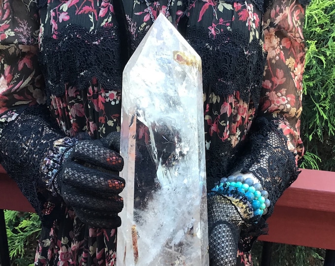 Clear Quartz Crystal Generator ~ Large 5 lb. 13 oz. ~ 11" Tall ~ Ancient Red Sand ~ White Ghost & Sparkling Silver Rainbow Color Inclusions