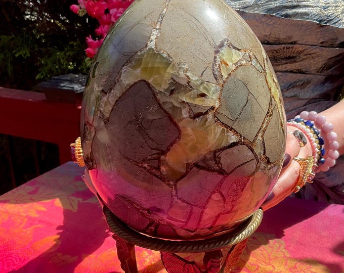 Large Septarian Dragon Stone Crystal Egg with Vintage Stand