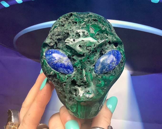 Green Malachite Alien Skull Crystal 3 Lb. 2 oz. ~ 4" Long ~ Sparkling Lapis Lazuli Eyes