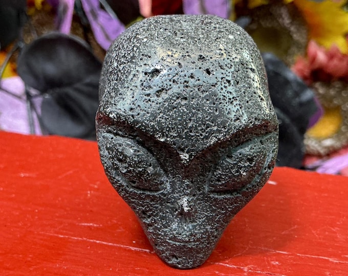 Lava Stone Alien Crystal Mini Skull ~ 5 oz. ~ 2" Long ~ Colorful Natural Black Volcanic Lava Gemstone Hand-Carved Sculpture ~ Fast Shipping