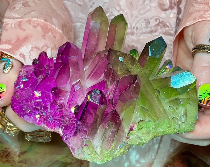 Purple & Green Aura Quartz Crystal Cluster ~ Large 12 oz. ~ 5" Long ~ Rainbow Iridescent Electric Points ~ Fast Free Shipping, USA