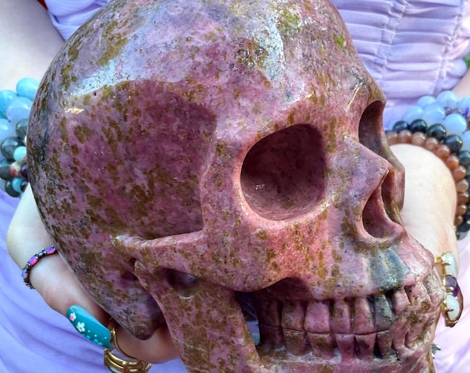 Rhodonite Crystal Skull ~ Large 10 Lb. ~ 7" Long ~ Hand Carved Life Size Sculpture ~ Pink & Black Colors w/ Sparkling Yellow Garnet