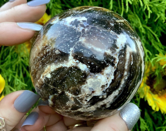 Black Opal Sphere Large 14 oz. Crystal Ball ~ 3" Wide ~ Vivid Thick Black & White Swirling Colors ~ Reiki Altar Display ~ Fast Free Shipping