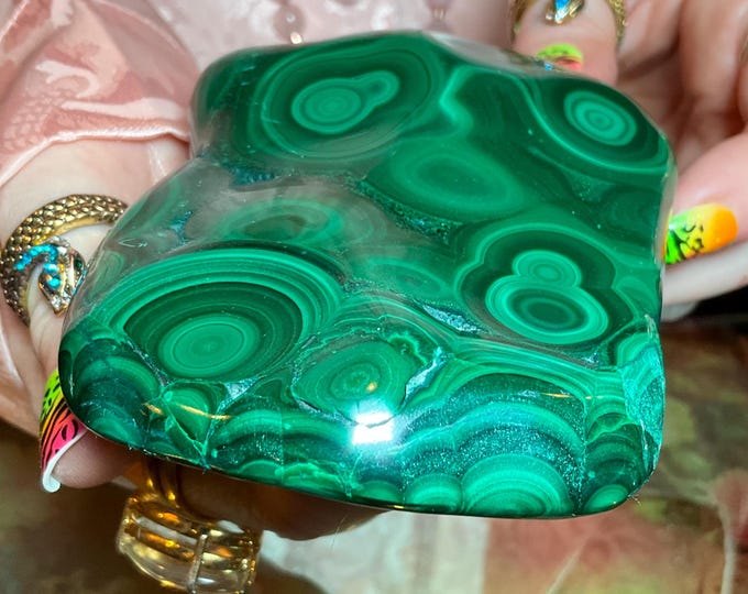 Malachite Large 14 oz. Stone ~ 3 1/2" Long - Big Beautiful Polished Green African Mineral Specimen Display ~ Swirling Bullseye Patterns