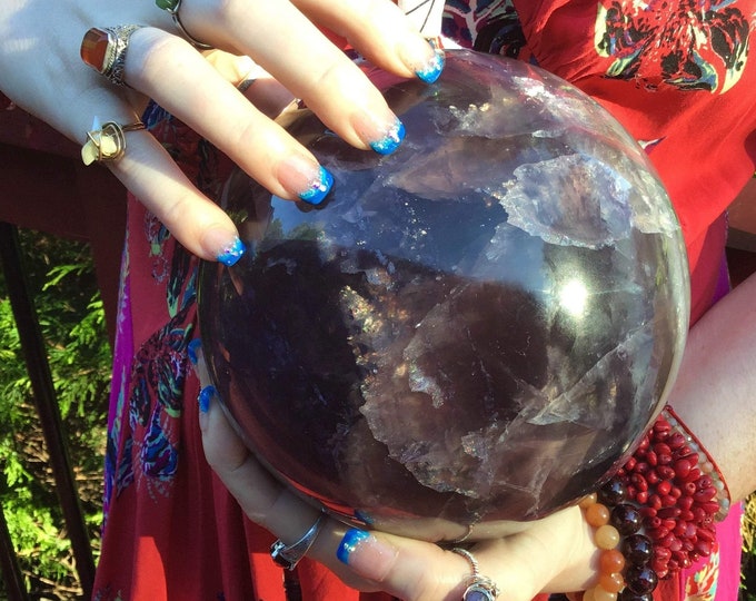 Purple Fluorite Crystal Ball ~ Large 15 Lb. 13 oz. ~ 6" Wide ~ Massive Rainbow Polished Sphere ~ Beautiful Reiki, Altar, Meditation Display